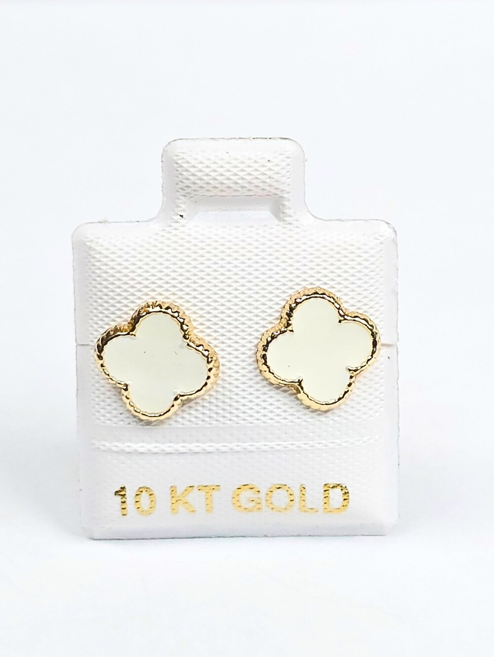 Van Four Leaf White Enamel Stud Earrings Inspired 10K Solid Gold 9.5mm